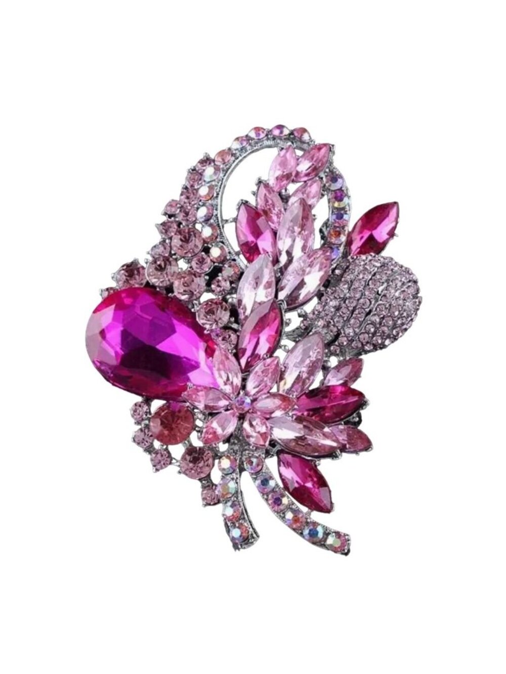 Large Pink Brooch A/B Crystal Rhinestone Bouquet Silver Tone